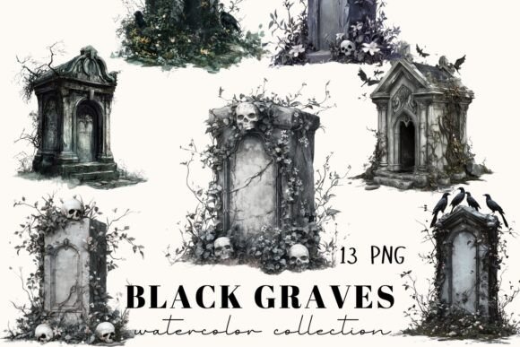 13 Watercolor Graves Illustrations for Gothic Design Projects