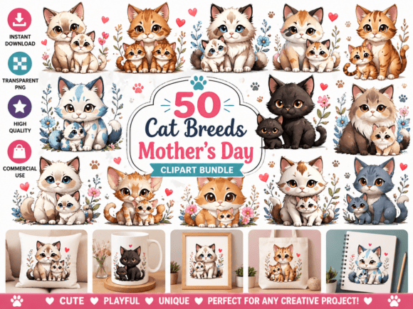 Cat Breeds Motherβs Day Clipart for Heartfelt Designs