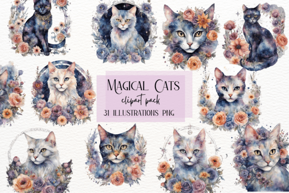 Enchanting Watercolor Magical Cat: Celestial Design Assets